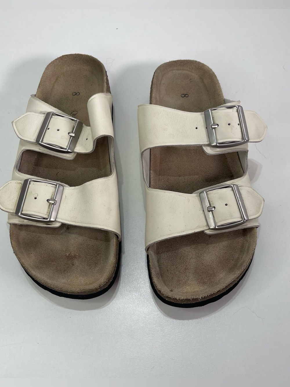 Quince Women's 8 Sandals Nappa Leather Double Buckle Slide Bone Cork Footbed